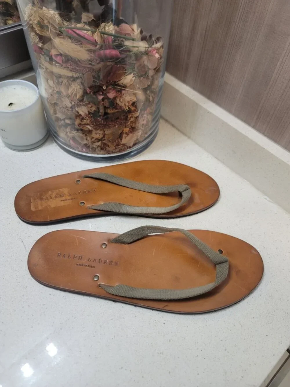 Ralph Lauren VTG RARE Flip Flops Men 12 Brown Italian Leather Thong Braided